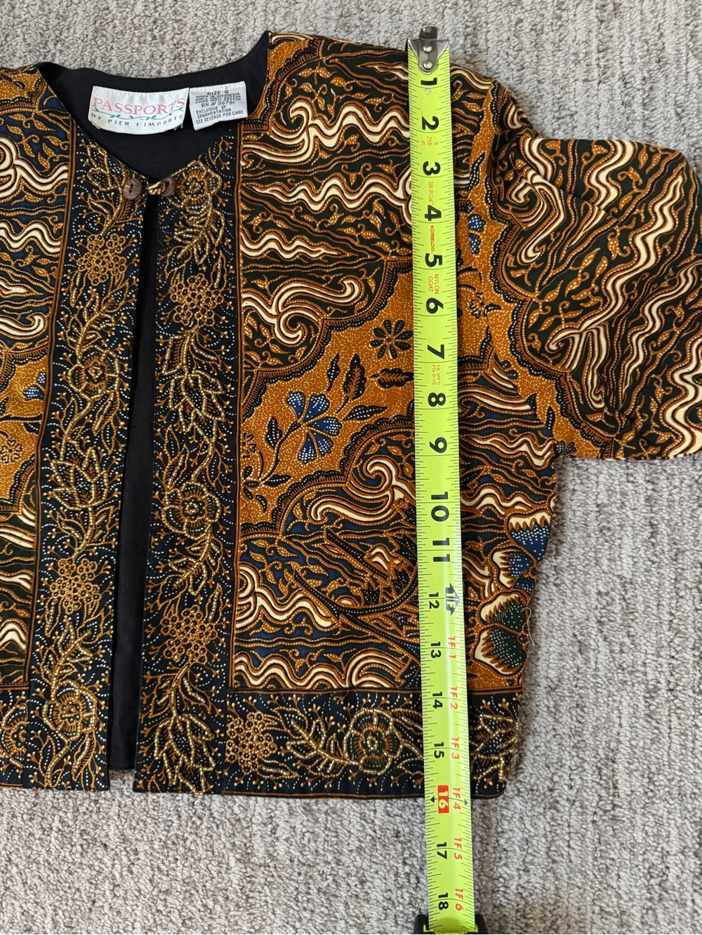 Vintage 90s Passports of Pier 1 Imports Brown Batik Beaded Cropped Jacket S - Picture 9 of 10